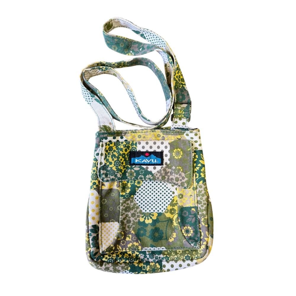 KAVU GREEN YELLOW FLORAL PATCHWORK CROSSBODY BAG ADJUSTABLE STRAP BOHO CANVAS
